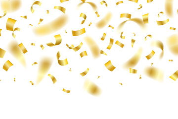 Shiny golden confetti falling from above. Festive decoration or decor element for a party, birthday, Christmas or New Year event. PNG with transparent background and alpha channel to cut out