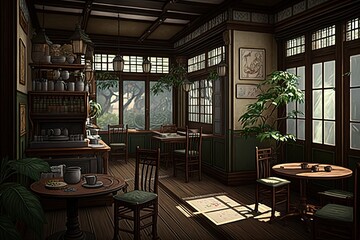 Tea house cafe interior, AI generated