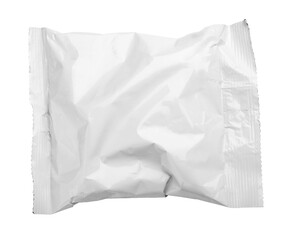 Top view of blank crumpled plastic pouch food packaging isolated on transparent background