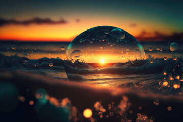 Fototapeta na wymiar Iridescent sphere water bubble, trapped swirling waves inside, floating ocean sunset background, dusk golden hour, sunshine refraction - generative AI. 
