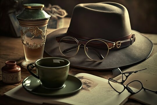 Vintage photo, fragrant coffee and women's accessories. Hat and glasses, good morning at the cafe. Planning, AI generated