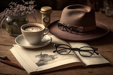 Vintage photo, fragrant coffee and women's accessories. Hat and glasses, good morning at the cafe. Planning, AI generated