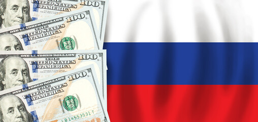 Dollars on flag of Russia, Russian finance, subsidies, social support, GDP concept