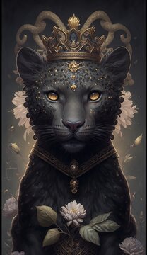 A Portrait of a Black Panther Wearing a Crown and White Flowers Generative AI