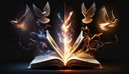 AI generated Open book with flying birds on dark background. Gifts of holy spirit concept