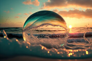 Iridescent sphere water bubble, magnified swirling waves inside, ocean sunset background, dusk golden hour, sunshine clouds refraction - generative AI. 