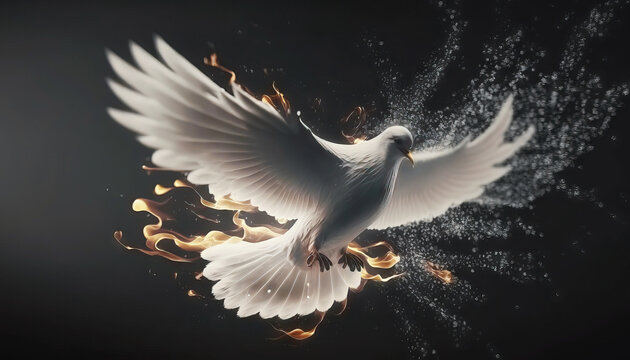 AI generated Flying white dove with fire effect on dark background. Symbol of peace. Gifts of holy spirit concept