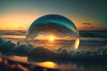 Fototapeta na wymiar Water bubble, Iridescent multi-color sphere floating on ocean waves, summer sunset background, dusk golden hour, clouds refraction - generative AI. 