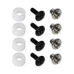 Set of black bolt washers and chrome nuts on a white background for attaching the glass to the...