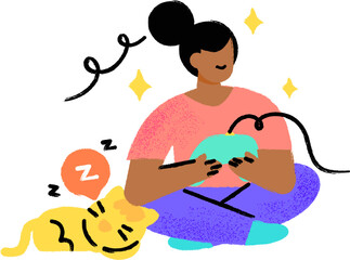 Women playing video games while her cat is sleeping