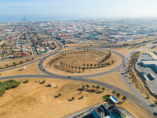 Aerial view of buildings in Windhoek downtown urban city town. Namibia, South Africa.