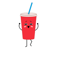 Cute kawaii soda. Cartoon character a glass of soda. Illustration on transparent background