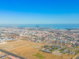 Aerial view of buildings in Windhoek downtown urban city town. Namibia, South Africa.