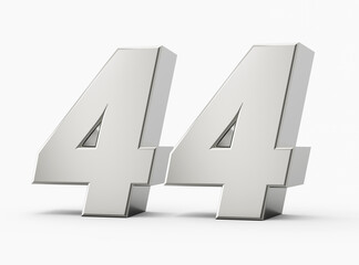Silver 3d numbers 44 Forty four. Isolated white background 3d illustration