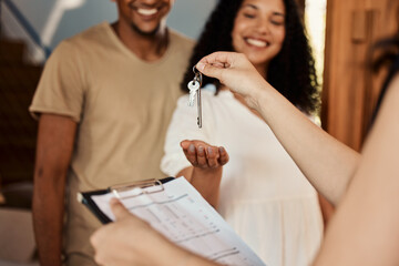 Realtor keys, couple home purchase and real estate contract of a happy woman and man. House,...
