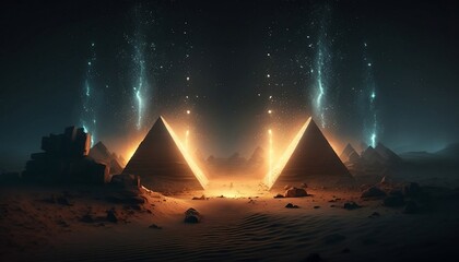 Futuristic pyramids at night with light effects