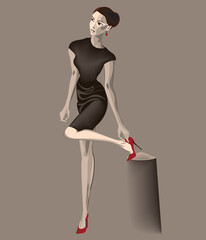 vector illustration of a beautiful young woman in little black dress and red shoes with high hills, elegant lady, isolated on the neutral background.