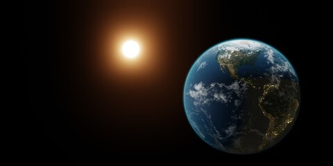 Beautiful 3d earth planet on black background 3d render. World planet satellite, Stars, nebula and galaxy. Concept of climate change, dark night, cities lights, sunrise. Sunrise from outer space