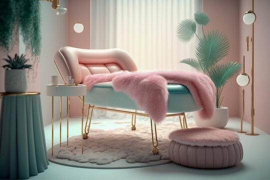 Beauty salon, interior design with massage couch, pastel colors, super photo realistic background, generative ai