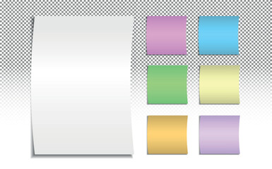 Fototapeta na wymiar Set of white and colored sheets of paper for notes. Collection of notes with shadow. Realistic paper stickers for your message. Design element for advertising and promotion