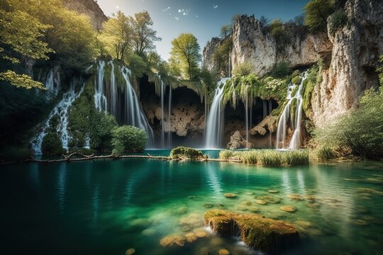 Waterfall landscape of Plitvice Lakes Croatia. stock photo Waterfall, Fantasy, Landscape - Scenery, Croatia, Plitvice Lakes National Park, AI generated