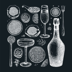 Caviar and champagne hand drawn illustrations collection. Hand drawn red caviar canape, canned black caviar, sparkling wine bottle, glasses sketches set. Seafood drawings isolated chalkboard - obrazy, fototapety, plakaty