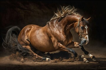 A thoroughbred brown horse rolling on the ground, AI generated