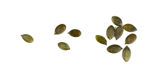 Pumpkin Seeds Isolated, Raw Pepita Grains, Scattered Green Healthy Nuts, Pumpkin Seed Group on White