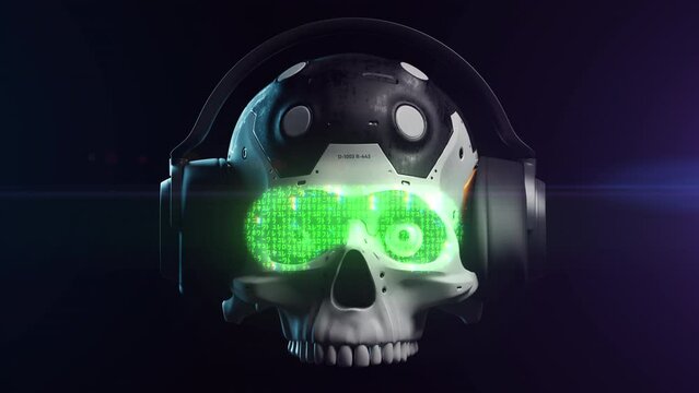 Crazy Neural Networks. Futuristic human skull in headphones. with holographic random code effect on augmented reality glasses. - Powered by Adobe