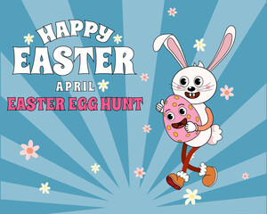 Groovy Happy Easter cartoon banner retro. Funny bunny with egg, Easter egg hunt