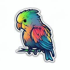 Sticker of a cartoon parrot, colorful parrot sitting on a branch, on white background, flat design, flat sticker. Generative AI