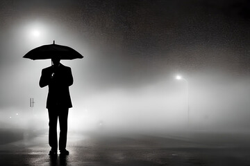 AI generated image of a silhouette of a man holding an umbrella in the rain at night.