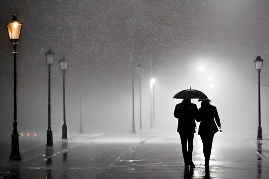 AI generated image of a silhouette of a couple holding umbrellas in the rain at night.