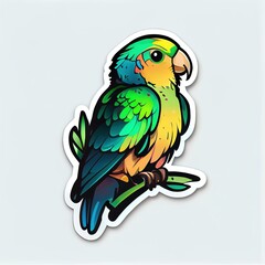 Sticker of a cartoon parrot, colorful parrot sitting on a branch, on white background, flat design, flat sticker. Generative AI