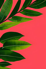 Green leaves on red background with space for writing. Generative AI