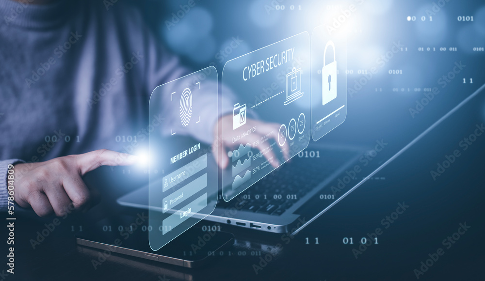Poster cyber security and security password login online concept hands typing and entering username and pas