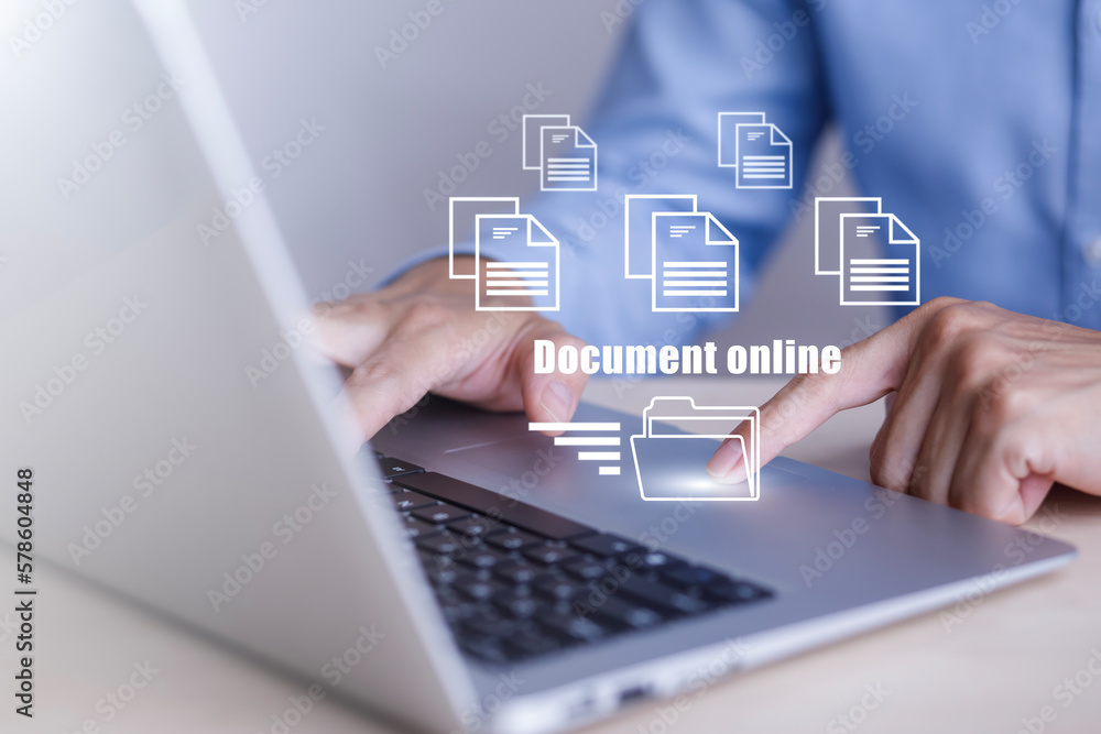 Poster businesswoman working on laptop with virtual screen. online documentation database, it consultant be