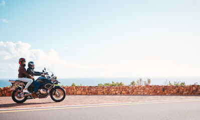 Motorcycle, mountain and couple on road for travel adventure, freedom and enjoying weekend...