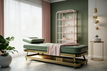 Modern luxury interior cosmetologist cabinet with massage couch, olive, pink and bronze colors, super photo realistic background, generative ai