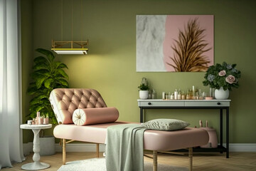Modern luxury interior cosmetologist cabinet with massage couch, olive, pink and bronze colors, super photo realistic background, generative ai
