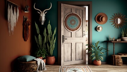 Boho interior style hallway with entrance door and cactus. Generative AI