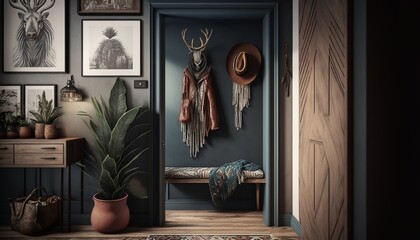Boho interior style hallway with entrance door and cactus. Generative AI