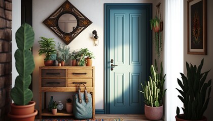 Boho interior style hallway with entrance door and cactus. Generative AI