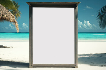 Mockup Manifesto pubblicitario su una spiaggia tropicale.