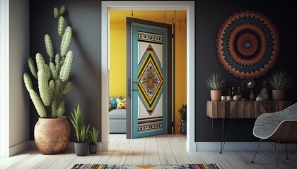 Boho interior style hallway with entrance door and cactus. Generative AI