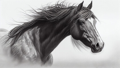Wild mustang drawen by pencil, black and white horse, generative ai