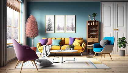 Bright and colorful scandinavian interior style living room with sofa, armchair and coffee table. Generative AI