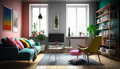 Bright and colorful scandinavian interior style living room with sofa, armchair and coffee table. Generative AI