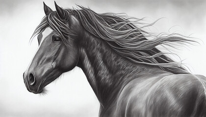 Wild mustang drawen by pencil, black and white horse, generative ai
