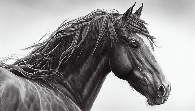 Wild mustang drawen by pencil, black and white horse, generative ai